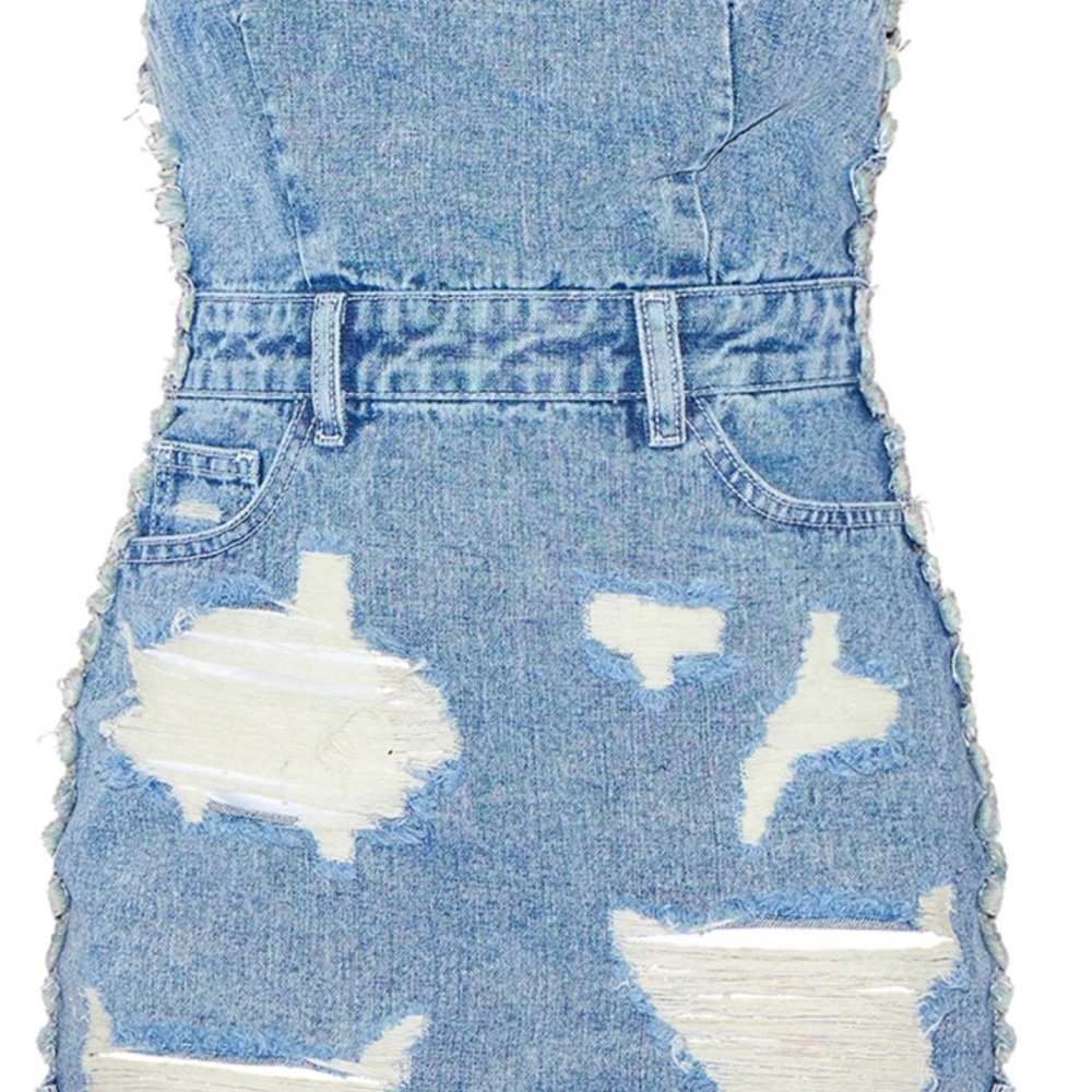 Petite blue Bando distressed side, lace up mini dress